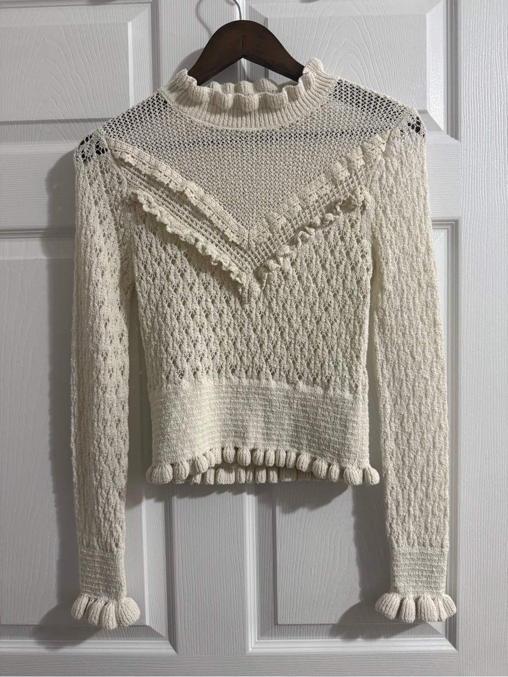 Zara Cream Crochet Knit Ruffle Turtleneck Sweater